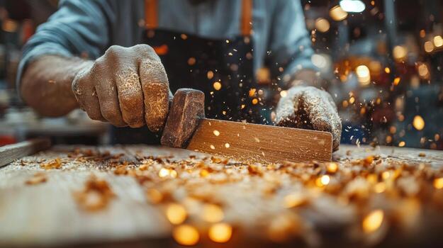 artesano utilizando cincel en madera, creando chispas y virutas en taller. enfocado expresión y detallado trabajo realce arte de carpintería foto