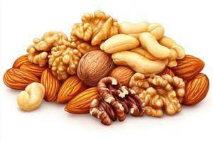 colorful collection of various nuts including almonds, walnuts, cashews, and pecans, showcasing their unique textures and shapes, perfect for healthy snacking photo