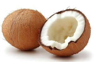 Close up of cracked coconut half revealing white flesh, showcasing its natural texture and earthy tones. Perfect for culinary or tropical themes photo