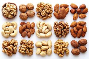vibrant collection of various nuts including almonds, walnuts, cashews, and more, showcasing their unique textures and colors, perfect for healthy snacking or culinary use photo