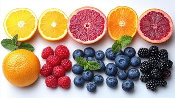 Fresh colorful fruits including oranges, raspberries, blueberries, and blackberries arranged beautifully. vibrant display of nature bounty evokes sense of health and vitality photo