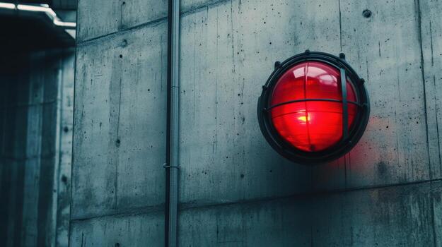 Red warning light on concrete wall, illuminating industrial setting. light creates striking contrast against gray surface, enhancing atmosphere photo