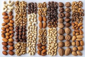 colorful collection of various nuts including almonds, walnuts, cashews, and more, beautifully arranged in rows. Perfect for healthy snacking or culinary use photo
