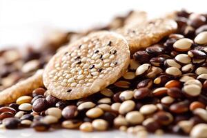 Close up of variety of seeds and crackers, showcasing textures and colors. image captures natural beauty of grains, perfect for healthy eating photo