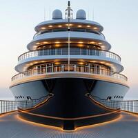 Luxurious cruise ship front view showcasing elegant design and lighting. sleek lines and modern architecture create stunning visual against serene backdrop photo