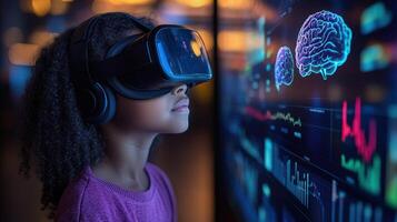 Child wearing virtual reality headset, exploring digital brain visuals, immersed in technology and learning. captivating experience in modern environment photo