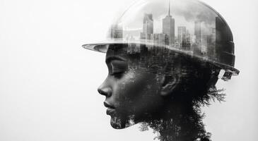 Double exposure of construction worker with city skyline overlay, showcasing connection between labor and urban life. image evokes sense of determination and progress photo