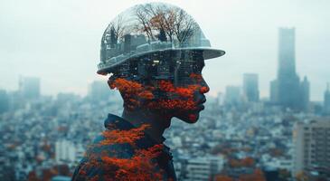 double exposure image of construction worker with cityscape and trees overlay, symbolizing growth and urban development photo