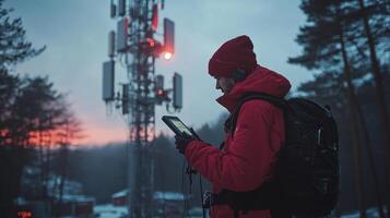 technician in red jacket checks equipment at cell tower during dusk, showcasing dedication and focus in challenging environment photo