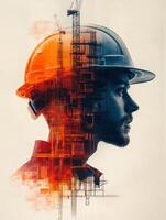 double exposure image of draftsman wearing site helmet, showcasing construction site within his silhouette. vibrant colors create striking visual effect photo
