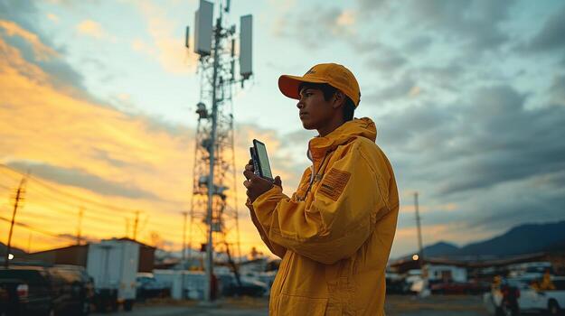 técnico en amarillo chaqueta soportes a base de célula torre, comprobación equipo durante vibrante puesta de sol. escena capturas mezcla de tecnología y naturaleza foto