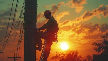 worker on ladder performing maintenance on utility pole at sunset, showcasing dedication and skill photo