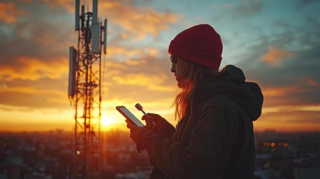 técnico trabajando en célula torre a atardecer, utilizando tableta y herramientas. escena capturas belleza de tecnología y naturaleza foto