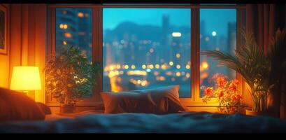 Cozy Hong Kong apartment at night with city lights visible through window. warm glow from lamps and plants creates serene atmosphere photo