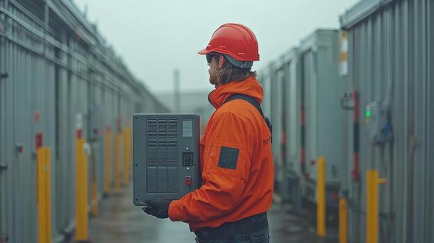 field engineer in orange jacket and red helmet holds transformer box in storage area, showcasing focused and determined expression photo