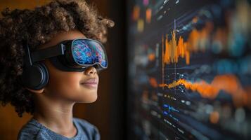 Child wearing virtual reality headset, exploring digital data visualization, showcasing curiosity and excitement in tech savvy environment photo