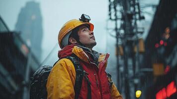 Field engineer in yellow helmet and red jacket looks up at cell tower in rain, showcasing determination and focus in challenging environment photo