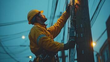 Electrician on ladder working on power pole wires at night, wearing safety gear and helmet, focused on task. scene conveys dedication and professionalism photo