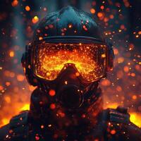 firefighter in protective suit stands amidst glowing embers, showcasing bravery and resilience. intense heat and fiery backdrop create dramatic atmosphere photo