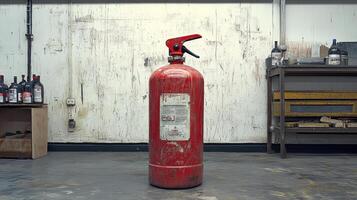 red fire extinguisher stands prominently on worn floor, surrounded by workshop environment. Its presence emphasizes safety and preparedness in industrial settings photo