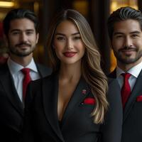 Luxurious hotel staff in elegant uniforms, showcasing professionalism and charm. Their confident expressions reflect commitment to exceptional service photo