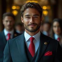 Luxurious hotel staff in elegant uniforms, showcasing professionalism and style. atmosphere exudes sophistication and hospitality, perfect for high end experience photo