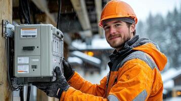Field technician adjusting electrical box in snowy conditions, showcasing expertise and focus. bright orange gear contrasts with winter landscape photo