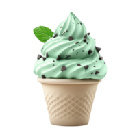 Mint chocolate chip ice cream in a waffle cone on display png