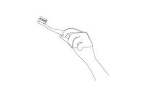 Hand holding toothbrush continuous one-line art drawing. vector