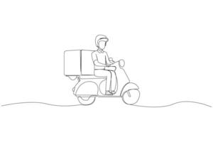 Hand-drawn delivery man ride a scooter for delivery one line drawing isolated on white background. vector