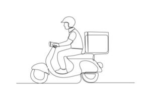 Continuous line art drawing of delivery man riding a scooter. Delivery man continuous outline . vector