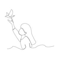 Continuous single-line art drawing of a girl with bird. vector