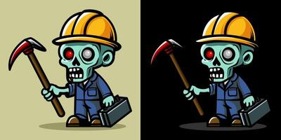 Worker holding digger. An illustration of zombie construction worker. Horror and spooky element. Halloween element design. Isolated on clear background. Eps 10. vector