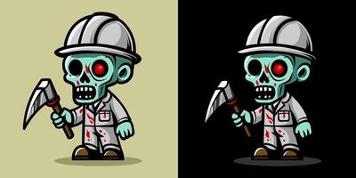 Worker holding digger in white. An illustration of zombie construction worker. Horror and spooky element. Halloween element design. Isolated on clear background. Eps 10. vector