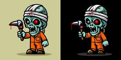 Skull zombie worker holding digger. An illustration of zombie construction worker. Horror and spooky element. Halloween element design. Isolated on clear background. Eps 10. vector