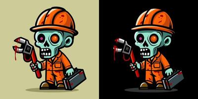 Worker holding wrench and briefcase. An illustration of zombie construction worker. Horror and spooky element. Halloween element design. Isolated on clear background. Eps 10. vector