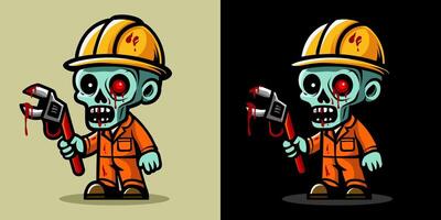 Worker holding wrench in orange. An illustration of zombie construction worker. Horror and spooky element. Halloween element design. Isolated on clear background. Eps 10. vector
