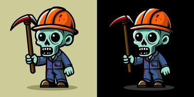 Worker holding digger in blue suit. An illustration of zombie construction worker. Horror and spooky element. Halloween element design. Isolated on clear background. Eps 10. vector