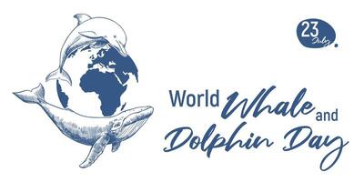 Horizontal banner for Whale and Dolphin Day, July 23, 2025. Concept of the problem preserving animal in the ocean. linear drawing of a whale and a dolphin against the background of planet Earth vector