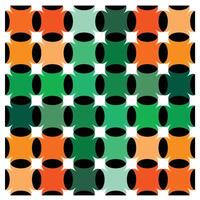 Geometric pattern with repeating orange, green, and black abstract shapes. vector