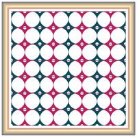 Geometric pattern with white circles on a navy and pink background, framed by concentric borders. vector
