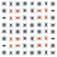A abstract seamless print pattern grid of abstract, starburst patterns in blue, orange, and gray shades. vector