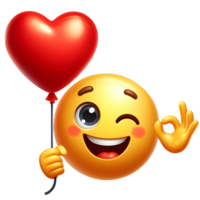 Emoji with a heart-shaped balloon in one hand, winking and smiling for valentines day on transparent background png