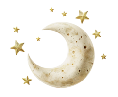 Beige crescent moon surrounded by shimmering stars, on transparent background. Ideal for use in dream-themed designs, nursery decor, nighttime illustrations. Cut out sky elements. png