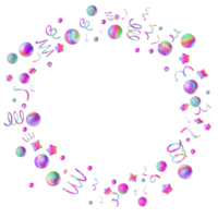 Circle with rainbow confetti on transparent background. Empty, copy space in the middle. Vibrant playful design element, round frame or border. Birthday party, event for kids. Y2k style. 3D render. png