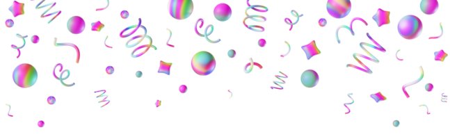 Rainbow confetti falling down, on transparent background. Perfect for party, celebration or festive-themed projects. Vibrant, playful header, panoramic element. Birthday, event for kids. 3D render. png