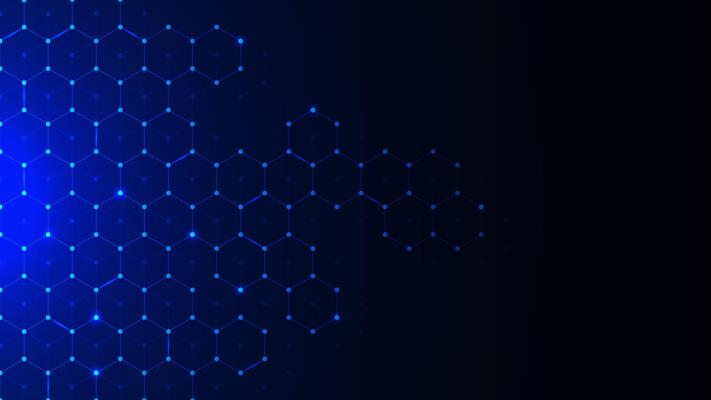 Abstract healthcare technology with hexagons pattern on dark blue background. Innovation medicine, science, molecular structure, chemical engineering and genetic research