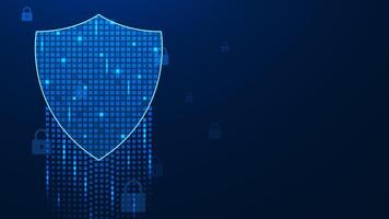 Futuristic shield with digital pixels and padlock. Computer network protection, cyber security system and personal data protection concept vector