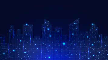 Futuristic smart city with bright neon digital pixels on dark blue background. Modern and intelligent technology innovation vector