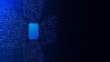 Microchip with circuit board and binary code. Quantum computer, database, large data processing and central computer processor concept vector